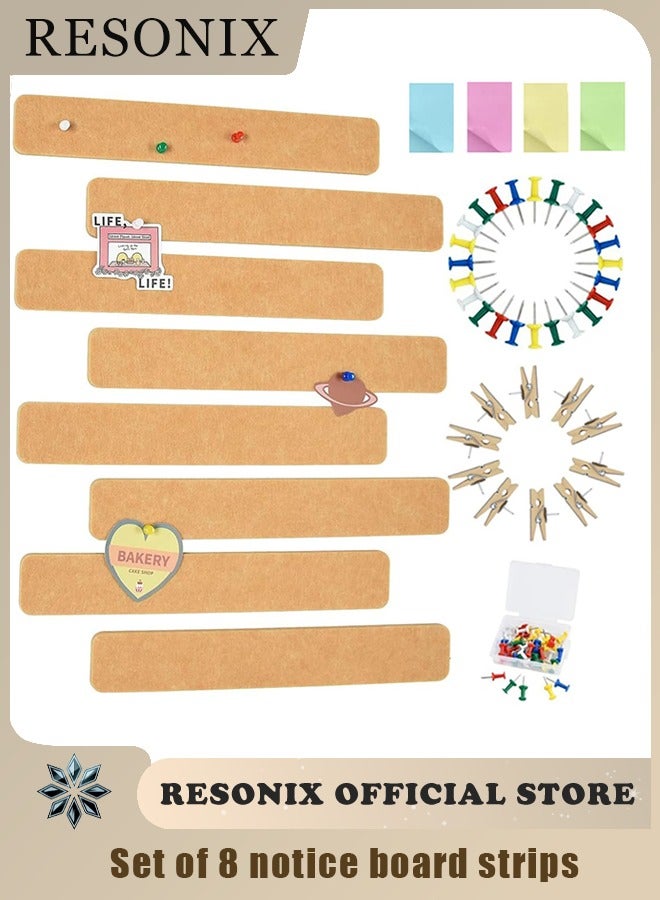 RESONIX 8 Pcs Self-Adhesive Bulletin Board Bar Strips with 50 Pushpins & 10 Wooden Clips – Brown Felt Wall Cork Board for Office, School & Home Decor, Modular Organizer for Notes, Photos & Accessories - Image 1
